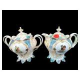 ANTIQUE HAND PAINTED PORCELAIN 2 PC CREAMER &