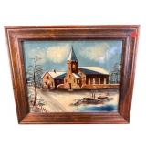 ANTIQUE REVERSE PAINTED ON PAINTED ON GLASS CHURCH
