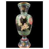 13 IN ANTIQUE CLOISONNE BLACK ENAMEL VASE
