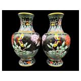 TWO 8.5 IN BLACK CLOISONNE VASES