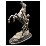METAL REARING HORSE SCULPTURE ON STAND