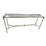 STEEL AND BRASS GLASS TOP SOFA TABLE