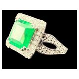 PLATINUM NATURAL EMERALD AND DIAMOND RING