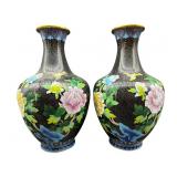 TWO 15.5 IN BLACK CLOISONNE VASES