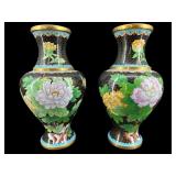 TWO 1980's 12.5 INCH BLACK CLOISONNE VASES