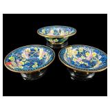 LOT OF 3 BLUE CLOISONNE LOW BOWLS ON STANDS