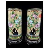 TWO 7.5 IN YELLOW CLOISONNE VASES ON STANDS
