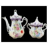 ANTIQUE GERMAN PAINTED TEAPOT & SUGAR