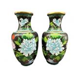 TWO 10.5 IN BLACK CLOISONNE VASES