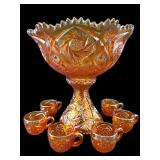 LARGE IMPERIAL MARIGOLD CARNIVAL PUNCHBOWL & 6