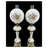 2 GLASS AND BRASS MATCHING MANQUET LAMPS