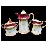 3 PC LOT  HAND PAINTED PORCELAIN TEAPOT CREAMER