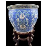 ORIENTAL BLUE, PINK & GREEN FISHBOWL PLANTER ON