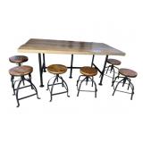 INDUSTRIAL OAK AND METAL DINING TABLE AND 6
