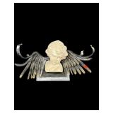 STATUE OF CHERUB HEAD WITH METAL WINGS