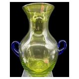 LARGE HAND BLOWN ART GLASS VASE COBALT HANDLES