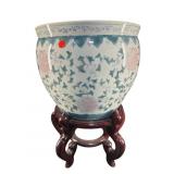 ORIENTAL FLORAL FISHBOWL PLANTER ON STAND