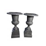 2 EXTRA LARGE CAST IRON URNS ON PEDESTALS