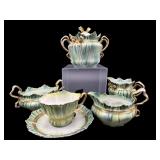 6 PC ANTIQUE PAINTED PORCELAIN CREAMER & SUGAR SET