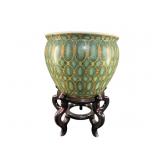 LARGE PORCELAIN FISH BOWL ON STAND