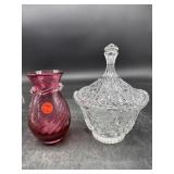 CRANBERRY SWIRL VASE AND CRYSTAL CANDY DISH