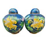TWO 10 INCH BLUE CLOISONNE GINGER JARS