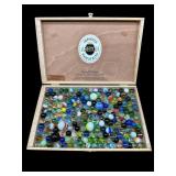 WOODEN BOX FULL OF VINTAGE MARBLES
