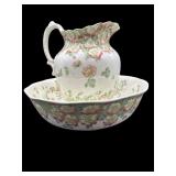 LARGE ANTIQUE ENGLISH FLORAL WASHBOWL AND PITCHER
