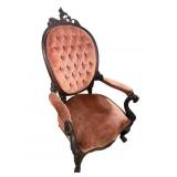 ROSEWOOD FIGURAL CARVED TUFTED ARM CHAIR