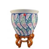 ORIENTAL FLORAL FISHBOWL PLANTER ON STAND