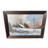 WINTER CABIN SCENE OIL ON CANVAS