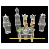 6 PC LOT CRYSTAL INKWELL, 3 CRUETS, PR OF BISQUE