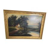 ANTIQUE FRAMED FARM PRINT ON BOARD