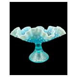 1950S FENTON BLUE OPALESCENT HOBNAIL LARGE COMPOTE