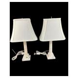 2 MARBLE COLUMN LAMPS WITH SHADES