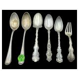 LOT OF 5 STERLING SILVER SPOONS & 1 BABY FORK