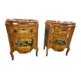 2 SPANISH MARBLE TOP PAINT DECORATED COMMODES