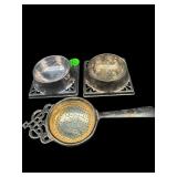 3 PC LOT TEA STRAINER & 2 HOLDERS, SILVERPLATE