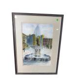 K. HIGGINS FOUNTAIN SCENE WATERCOLOR