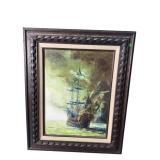 MCM SHIP SCENE OIL ON CANVAS