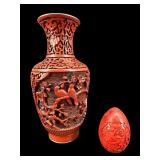 2 PC LOT CHINESE CINNABAR VASE AND EGG