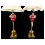 2 BRASS CRANBERRY ETCHED TALL LAMPS