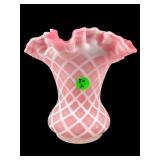 FENTON CRANBERRY SATIN DIAMOND OPTIC VASE