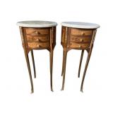2 ROUND 3 DRAWER LOUIS XVI STYLE MARBLE TOP STANDS