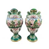 2 ITALIAN CAPODIMONTE DANCING FIGURES CERAMIC URNS