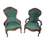 2 ROSE CARVED TUFTED VICTORIAN CHAIRS