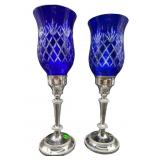 PR OF COBALT CUT TO CLEAR HURRICANE CANDLEHOLDERS