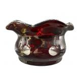 SMALL CRANBERRY CUT TO CLEAR RUFFLED BOWL