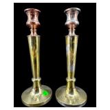 PR OF ANTIQUE BRASS AND COPPER CANDLESTICKS