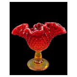 FENTON AMBERINA HOBNAIL RUFFLED COMPOTE
